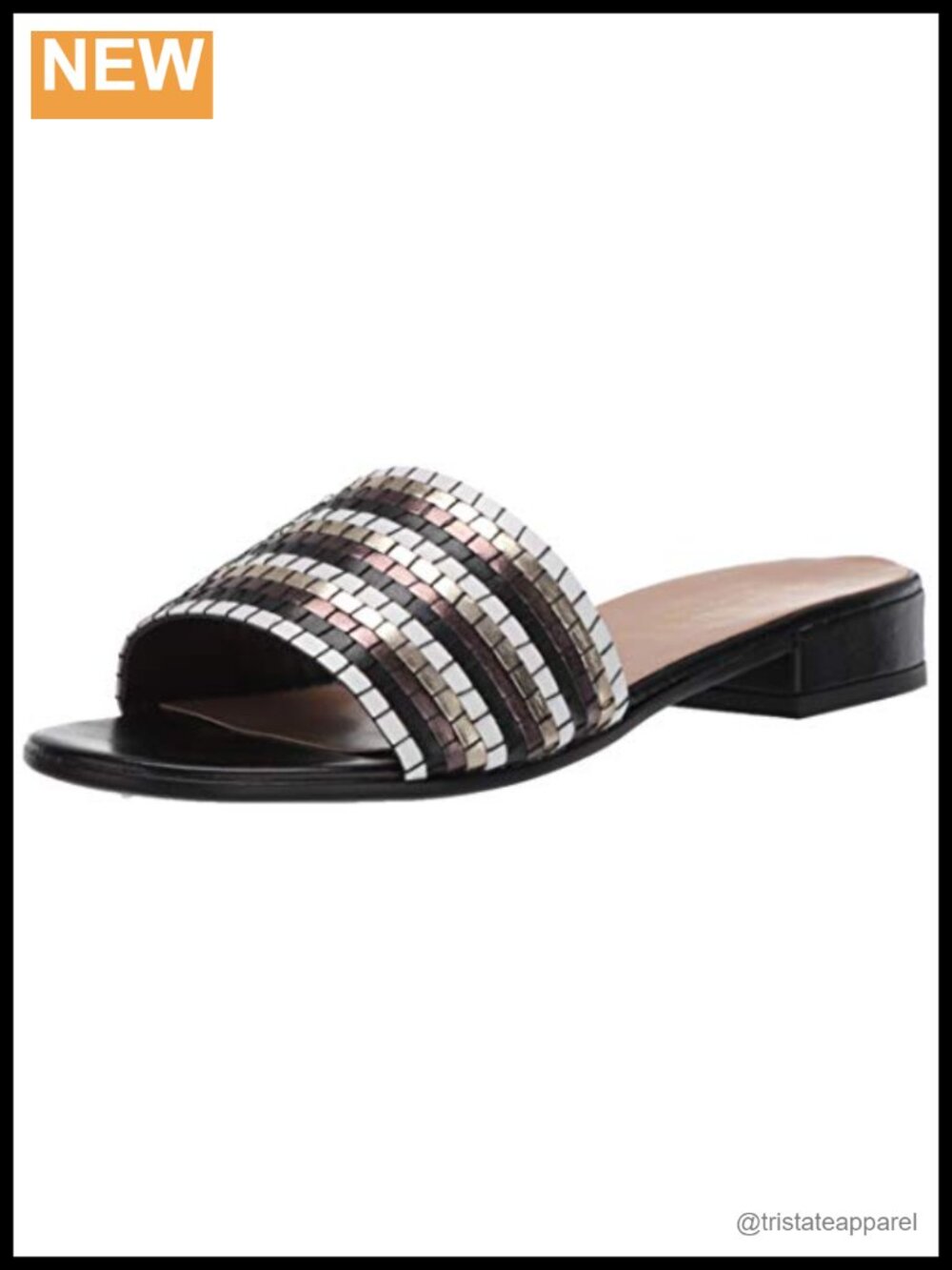 Woven Slide Sandal With 1 Inch Block Heel, Metallic Rhinestone Ankle Strap